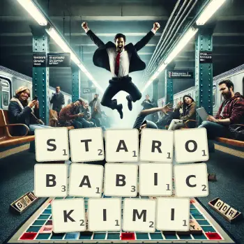 Kreatywna ilustracja do gry w Scrabble ze słowem STAROBABICKIMI ułożonym z płytek na planszy.