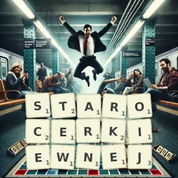 Kreatywna ilustracja do gry w Scrabble ze słowem STAROCERKIEWNEJ ułożonym z płytek na planszy.