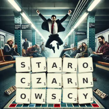 Kreatywna ilustracja do gry w Scrabble ze słowem STAROCZARNOWSCY ułożonym z płytek na planszy.