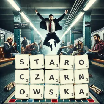 Kreatywna ilustracja do gry w Scrabble ze słowem STAROCZARNOWSKĄ ułożonym z płytek na planszy.