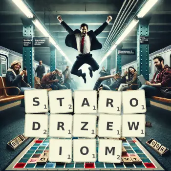 Kreatywna ilustracja do gry w Scrabble ze słowem STARODRZEWIOM ułożonym z płytek na planszy.