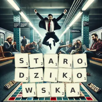 Kreatywna ilustracja do gry w Scrabble ze słowem STARODZIKOWSKA ułożonym z płytek na planszy.