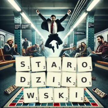 Kreatywna ilustracja do gry w Scrabble ze słowem STARODZIKOWSKI ułożonym z płytek na planszy.