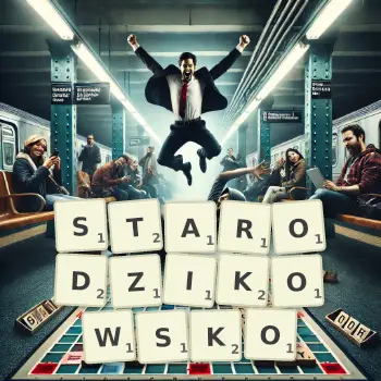 Kreatywna ilustracja do gry w Scrabble ze słowem STARODZIKOWSKO ułożonym z płytek na planszy.