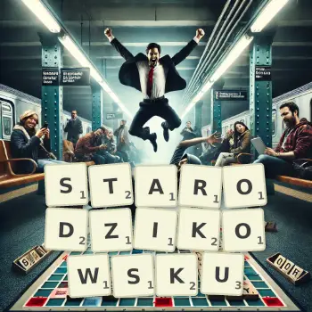 Kreatywna ilustracja do gry w Scrabble ze słowem STARODZIKOWSKU ułożonym z płytek na planszy.