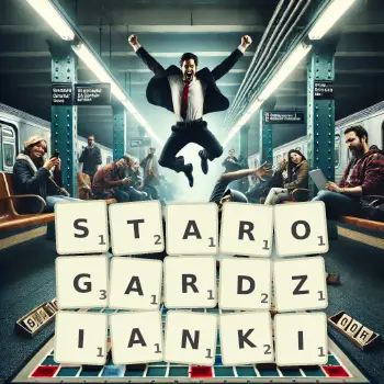 Kreatywna ilustracja do gry w Scrabble ze słowem STAROGARDZIANKI ułożonym z płytek na planszy.