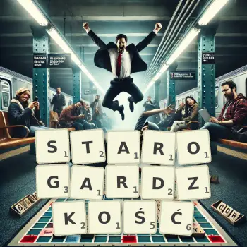 Kreatywna ilustracja do gry w Scrabble ze słowem STAROGARDZKOŚĆ ułożonym z płytek na planszy.