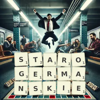 Kreatywna ilustracja do gry w Scrabble ze słowem STAROGERMANSKIE ułożonym z płytek na planszy.