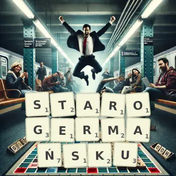 Kreatywna ilustracja do gry w Scrabble ze słowem STAROGERMAŃSKU ułożonym z płytek na planszy.