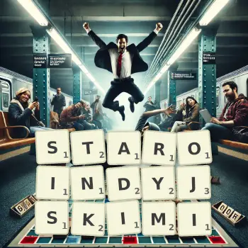 Kreatywna ilustracja do gry w Scrabble ze słowem STAROINDYJSKIMI ułożonym z płytek na planszy.