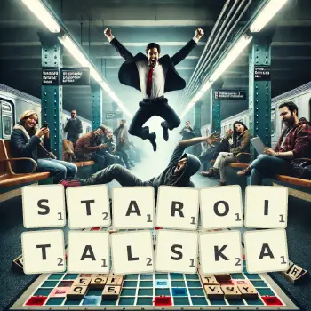 Kreatywna ilustracja do gry w Scrabble ze słowem STAROITALSKA ułożonym z płytek na planszy.
