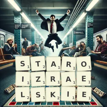 Kreatywna ilustracja do gry w Scrabble ze słowem STAROIZRAELSKIE ułożonym z płytek na planszy.