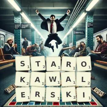 Kreatywna ilustracja do gry w Scrabble ze słowem STAROKAWALERSKI ułożonym z płytek na planszy.