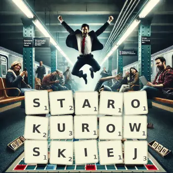 Kreatywna ilustracja do gry w Scrabble ze słowem STAROKUROWSKIEJ ułożonym z płytek na planszy.