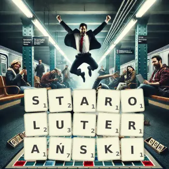 Kreatywna ilustracja do gry w Scrabble ze słowem STAROLUTERAŃSKI ułożonym z płytek na planszy.