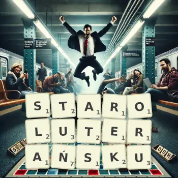 Kreatywna ilustracja do gry w Scrabble ze słowem STAROLUTERAŃSKU ułożonym z płytek na planszy.