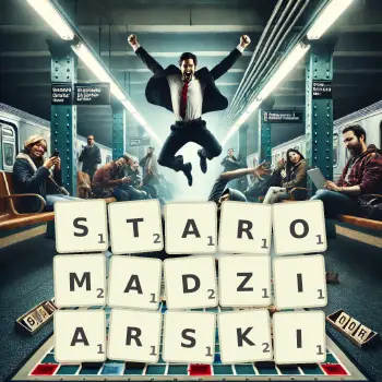 Kreatywna ilustracja do gry w Scrabble ze słowem STAROMADZIARSKI ułożonym z płytek na planszy.