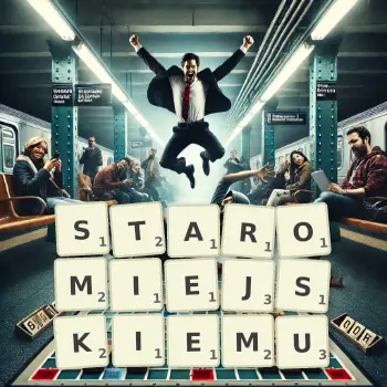 Kreatywna ilustracja do gry w Scrabble ze słowem STAROMIEJSKIEMU ułożonym z płytek na planszy.