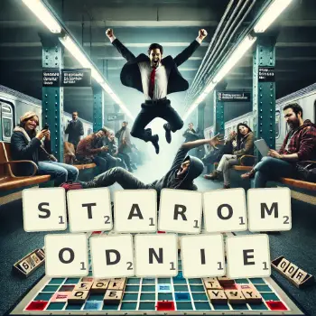 Kreatywna ilustracja do gry w Scrabble ze słowem STAROMODNIE ułożonym z płytek na planszy.