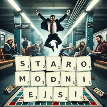 Kreatywna ilustracja do gry w Scrabble ze słowem STAROMODNIEJSI ułożonym z płytek na planszy.