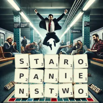 Kreatywna ilustracja do gry w Scrabble ze słowem STAROPANIENSTWO ułożonym z płytek na planszy.