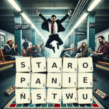 Kreatywna ilustracja do gry w Scrabble ze słowem STAROPANIEŃSTWU ułożonym z płytek na planszy.