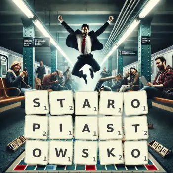 Kreatywna ilustracja do gry w Scrabble ze słowem STAROPIASTOWSKO ułożonym z płytek na planszy.