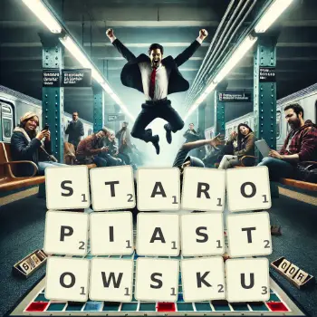 Kreatywna ilustracja do gry w Scrabble ze słowem STAROPIASTOWSKU ułożonym z płytek na planszy.