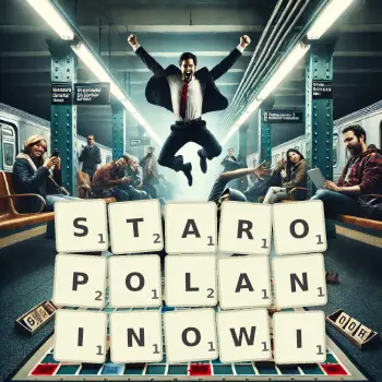 Kreatywna ilustracja do gry w Scrabble ze słowem STAROPOLANINOWI ułożonym z płytek na planszy.
