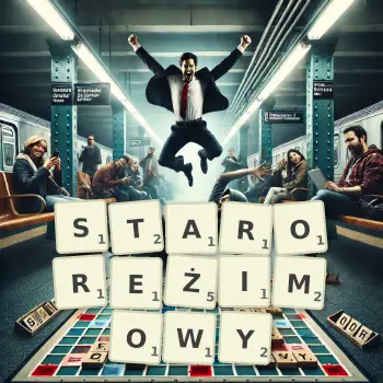 Kreatywna ilustracja do gry w Scrabble ze słowem STAROREŻIMOWY ułożonym z płytek na planszy.