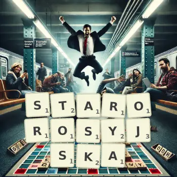 Kreatywna ilustracja do gry w Scrabble ze słowem STAROROSYJSKA ułożonym z płytek na planszy.