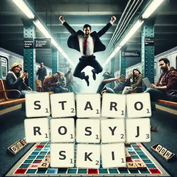 Kreatywna ilustracja do gry w Scrabble ze słowem STAROROSYJSKI ułożonym z płytek na planszy.