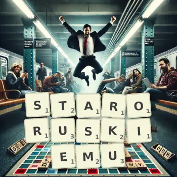 Kreatywna ilustracja do gry w Scrabble ze słowem STARORUSKIEMU ułożonym z płytek na planszy.