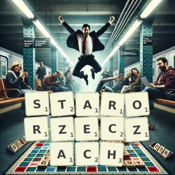 Kreatywna ilustracja do gry w Scrabble ze słowem STARORZECZACH ułożonym z płytek na planszy.