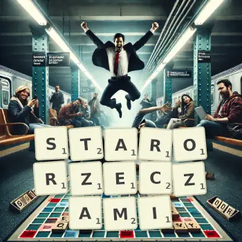 Kreatywna ilustracja do gry w Scrabble ze słowem STARORZECZAMI ułożonym z płytek na planszy.