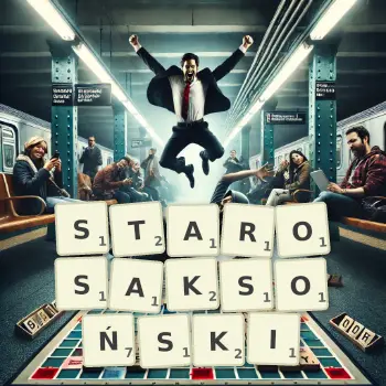 Kreatywna ilustracja do gry w Scrabble ze słowem STAROSAKSOŃSKI ułożonym z płytek na planszy.