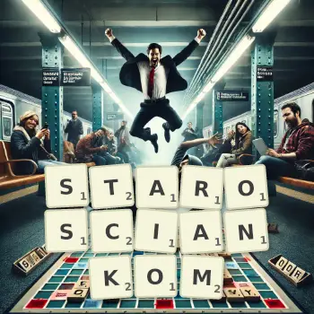 Kreatywna ilustracja do gry w Scrabble ze słowem STAROSCIANKOM ułożonym z płytek na planszy.