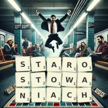 Kreatywna ilustracja do gry w Scrabble ze słowem STAROSTOWANIACH ułożonym z płytek na planszy.