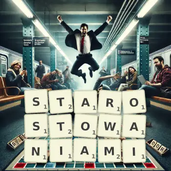 Kreatywna ilustracja do gry w Scrabble ze słowem STAROSTOWANIAMI ułożonym z płytek na planszy.