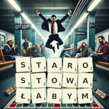 Kreatywna ilustracja do gry w Scrabble ze słowem STAROSTOWAŁABYM ułożonym z płytek na planszy.
