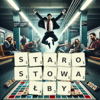 Kreatywna ilustracja do gry w Scrabble ze słowem STAROSTOWAŁBY ułożonym z płytek na planszy.