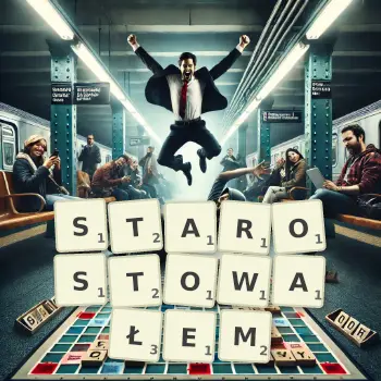 Kreatywna ilustracja do gry w Scrabble ze słowem STAROSTOWAŁEM ułożonym z płytek na planszy.