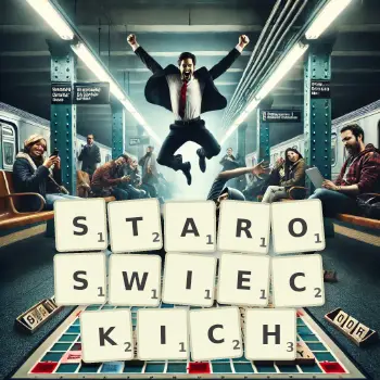 Kreatywna ilustracja do gry w Scrabble ze słowem STAROSWIECKICH ułożonym z płytek na planszy.