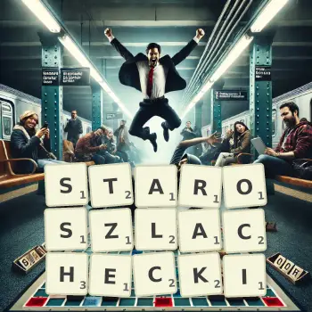 Kreatywna ilustracja do gry w Scrabble ze słowem STAROSZLACHECKI ułożonym z płytek na planszy.