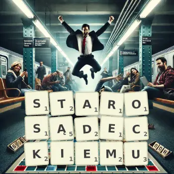 Kreatywna ilustracja do gry w Scrabble ze słowem STAROSĄDECKIEMU ułożonym z płytek na planszy.