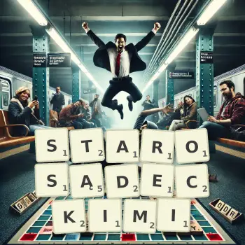 Kreatywna ilustracja do gry w Scrabble ze słowem STAROSĄDECKIMI ułożonym z płytek na planszy.