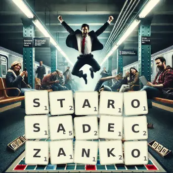 Kreatywna ilustracja do gry w Scrabble ze słowem STAROSĄDECZANKO ułożonym z płytek na planszy.