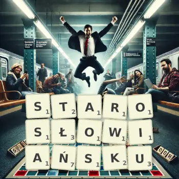 Kreatywna ilustracja do gry w Scrabble ze słowem STAROSŁOWIAŃSKU ułożonym z płytek na planszy.