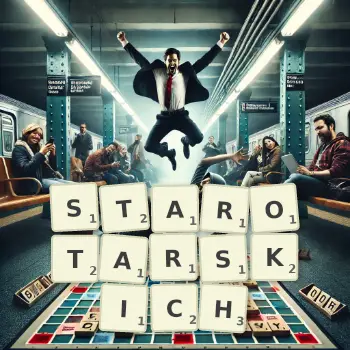 Kreatywna ilustracja do gry w Scrabble ze słowem STAROTARSKICH ułożonym z płytek na planszy.