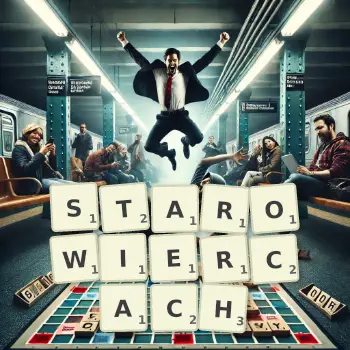 Kreatywna ilustracja do gry w Scrabble ze słowem STAROWIERCACH ułożonym z płytek na planszy.